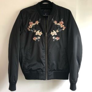 American Eagle Black Embroidered Bomber Jacket